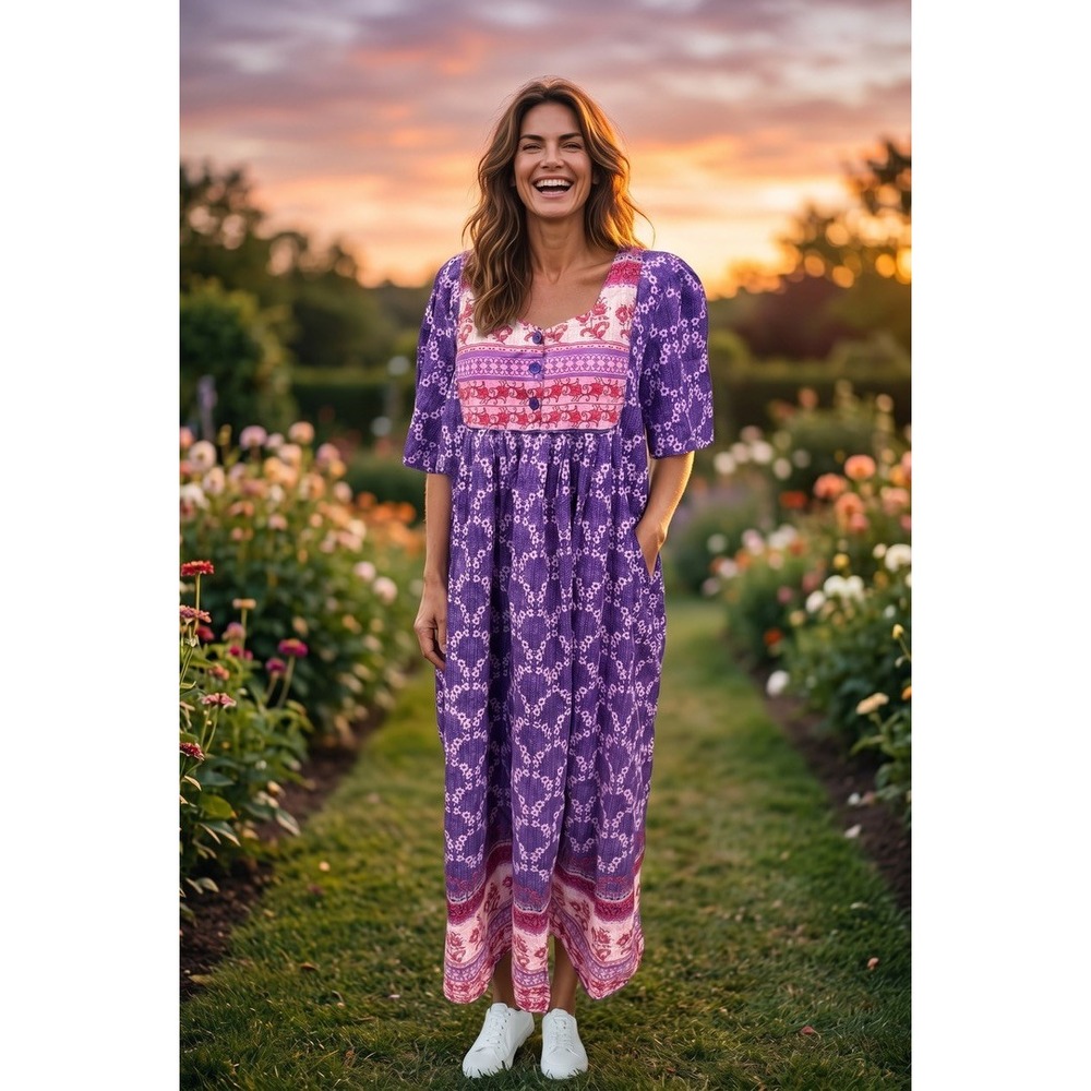 Womens Purple Floral Bohemian Maxi Dress Puff Sleeve Empire Waist Pockets‎ 22/24
